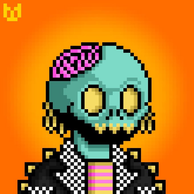 A pixel art portrait of a teal-skinned character with a pink exposed brain, yellow eyes, and robotic features, wearing a studded black jacket against an orange background, with a small 'bd' logo in the top left corner.