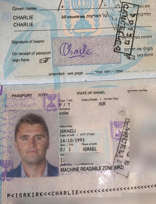The image shows a passport belonging to Charlie Kirk, issued by the State of Israel, along with the signature page bearing the name "Charlie." The accompanying post suggests such identity documents can be used for KYC (Know Your Customer) verification on gambling sites like Stake and Gamdom, implying the image is being shared as an example of the types of identification that may be accepted by these platforms.