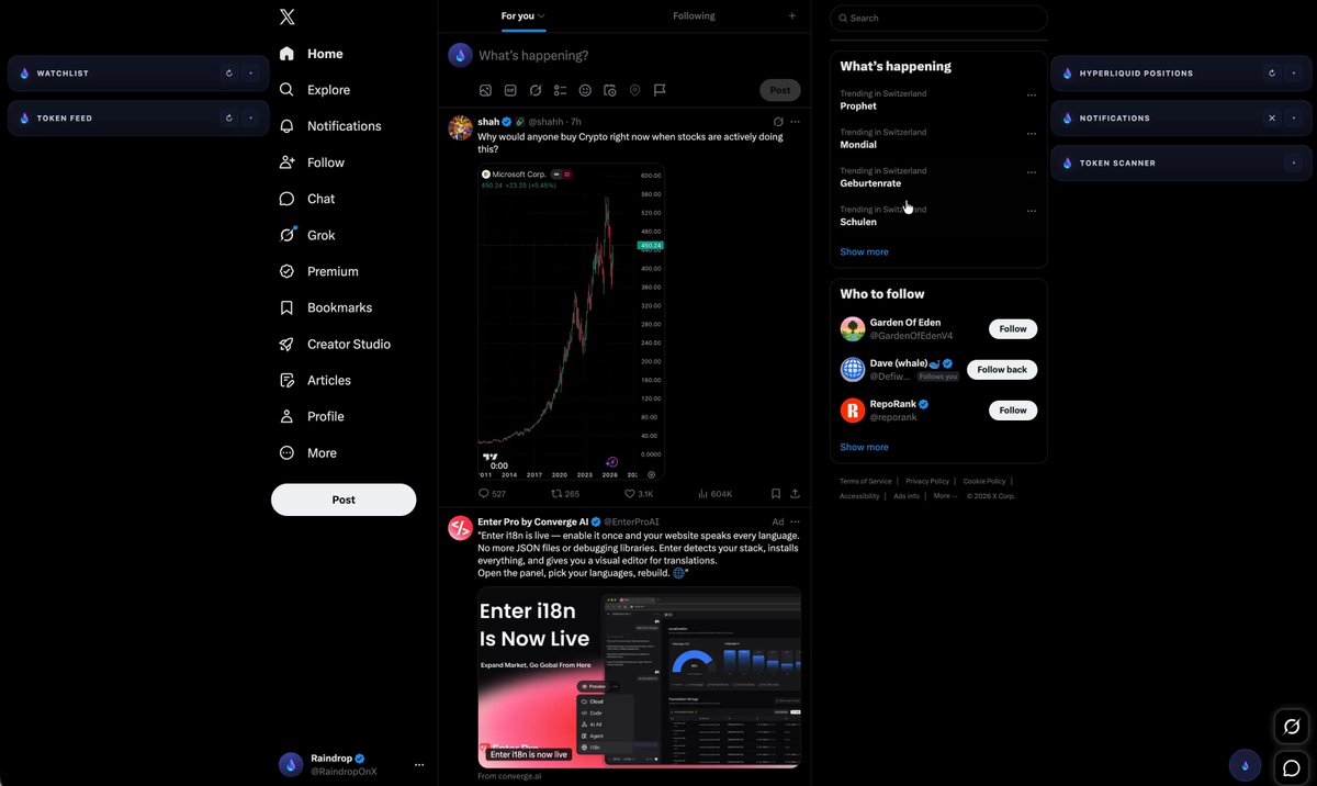 The image shows a laptop screen with various social media posts, including three pictures of different posts featuring a chart or graph. The first post has a blue background with red text that reads "For Hyper liquid being so hype this sitting sub 100k is a steal". The second post has an orange background and white text about the chart from the third post, which says: "Hyperliquid perps integrated right into x dexscreener.com/solana/hfdete6 ... 9HNQnHXuZopxm2qqbncDSuAdMKfxqJhEMPSVssFupump". The last post also features a blue background with red text, but it is about the social media app itself rather than a chart or graph.