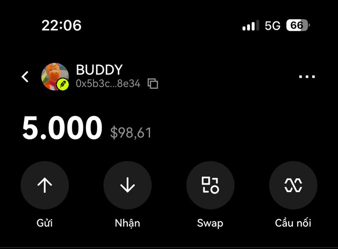 A screenshot of a mobile crypto wallet interface displays a balance of "5.000 $BUDDY" tokens (worth $98.61), received from the address 0x5b3c...8e34, supporting the post's claim of receiving a 5k token airdrop worth approximately $100 from the BUDDY team.