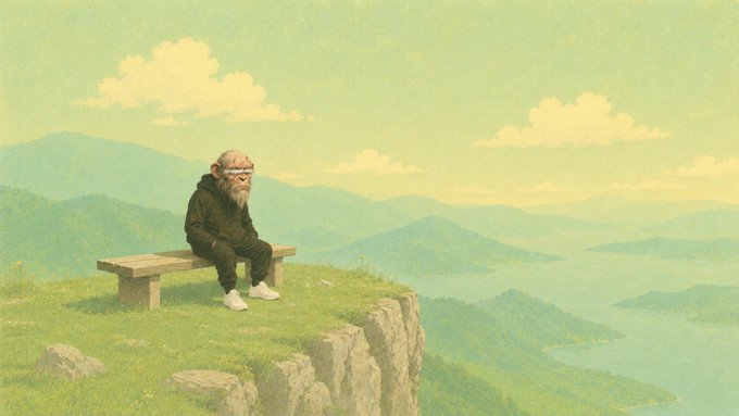 An anime-style illustration of an elderly bearded man in black robes sitting on a wooden bench on a grassy cliff, overlooking a vast landscape of mountains and water under a greenish sky.