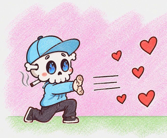 Illustration of a cute skeleton character wearing a blue baseball cap and hoodie, smoking a cigarette while pushing hearts away with both hands against a pink and green background.