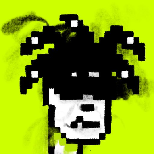 A pixelated, high-contrast portrait of a figure with pigtails against a bright neon green background, with rough black shapes obscuring the face.