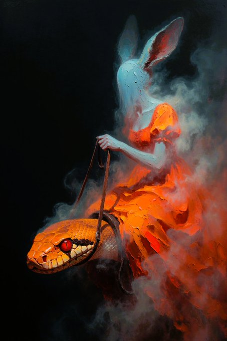 A dark, surreal painting featuring a white rabbit-headed figure in a flowing orange dress holding a leash attached to a large snake with glowing red eyes.