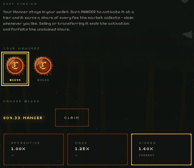 A Mancer "Soft Staking" interface showing two tokens (#1899 and #3620) with token #1899 staked at the Wizard tier (1.60X) earning $09.33 MANCER, which can be claimed before the DEX goes live.