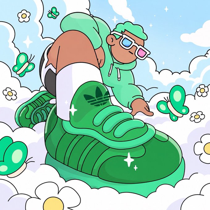 The image features a cartoon illustration of a person wearing green Adidas sneakers, surrounded by various butterflies and flowers. The scene appears to be set against a blue sky with white clouds, creating an artistic and whimsical atmosphere. The caption "it's a great day to be a doodle (dood)" suggests that the artist behind this image has created a unique and imaginative piece of art inspired by the beauty of nature and the joy of creativity.