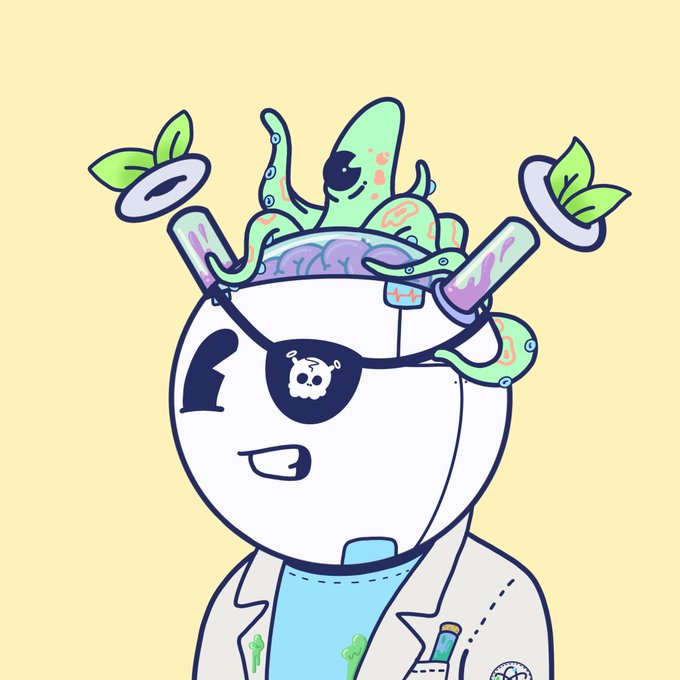 A cartoon character wearing a white lab coat, an eyepatch with a panda logo, and a beaker-shaped helmet filled with colorful bubbling liquid and green leaves on a pale yellow background.