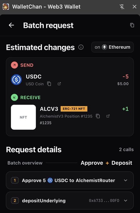 A screenshot of WalletChan Web3 Wallet showing a batch request to deposit 5 USDC into AlchemistRouter on Ethereum in exchange for an ALCV3 NFT (ERC-721, AlchemistV3 Position #1235).