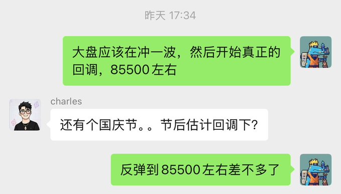 A WeChat conversation screenshot showing a brief exchange about BTC market expectations. The sender predicts a "real pullback" to around 85,500, while charles asks about a potential pullback after National Day, and the sender reaffirms the 85,500 target — aligning with the post's analysis that BTC pullback levels around 82,000-85,500 are reasonable following this wave of profit-taking.
