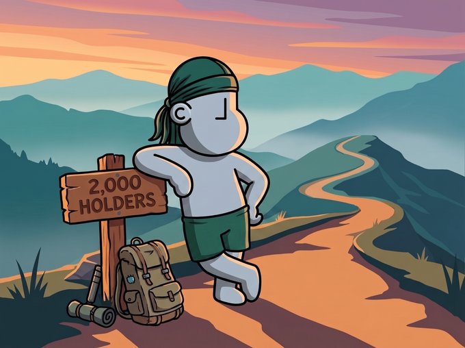A cartoon hiker stands proudly beside a wooden sign reading "2,000 HOLDERS" on a scenic mountain path at sunset, with a backpack resting at the sign's base—visually celebrating the milestone achievement mentioned in the post.