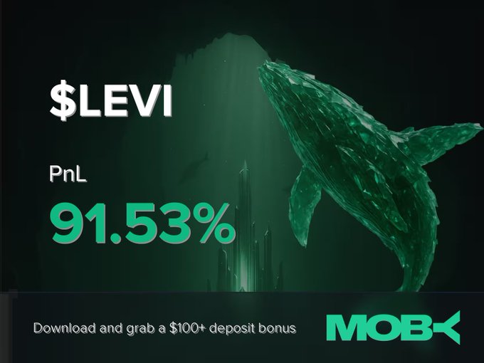A Moby Mobile promotional graphic highlights a $LEVI trade win with a PnL of +91.53%, featuring a geometric green whale in an underwater scene, alongside text offering a $100+ deposit bonus and the Moby logo.