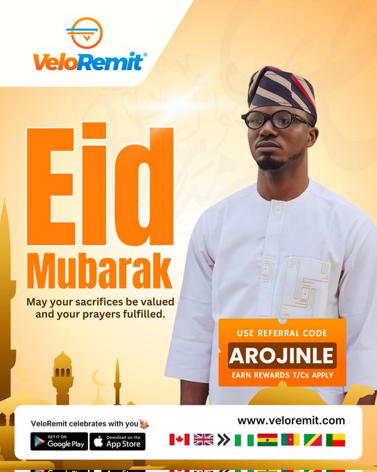 The image features a man wearing a white shirt with an orange hat standing against a yellow background. He appears to be looking directly at the camera while posing for the photo. The text "Eid Mubaarak" is written above him, indicating that this is a celebration of the Islamic holiday of Eid al-Fitr. Below his image, there are two lines of text: one stating "May your sacrifices be valued and your prayers fulfilled." This message encourages people to give generously during the festive season. The other line reads "Use referral code Arojinkle to earn rewards TICKS apply", suggesting that those who donate can receive a reward in return for their contributions.