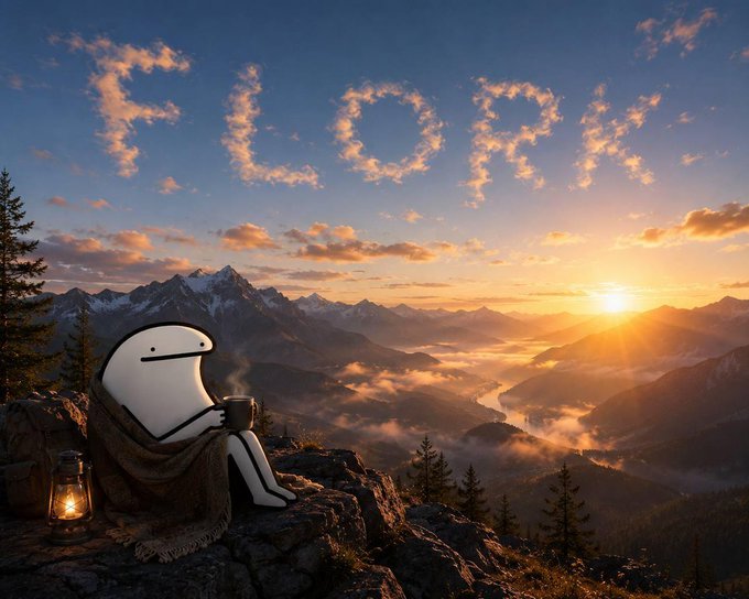 A cute ghost character in a blanket sips from a coffee mug on a mountain cliff at sunrise, with the word "HODL" spelled out in clouds overhead—fitting the post's bullish sentiment about holding through market dips on BNB/BSC.
