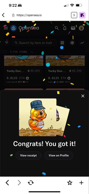 Mobile browser screenshot of OpenSea.io displaying a 'Congrats! You got it!' notification after purchasing a 'Yucky Duck' NFT (#0,654) for 0.0125 ETH.