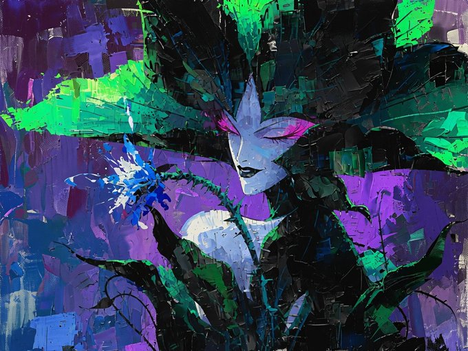 A digital painting in purple, green, and black tones depicting a masked figure holding a blue flower amidst stylized, painterly brushstrokes.