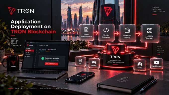 A futuristic TRON promotional graphic for “Application Deployment on TRON Blockchain,” showing a laptop, wallet, and app icons with slogans including “Build, deploy, scale together” and “Launch Your DApp.”