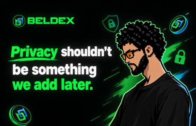 An advertisement for BELDEX featuring the slogan 'Privacy shouldn't be something we add later,' showing an illustrated man with glasses and a beard surrounded by security shield and padlock icons on a black background.