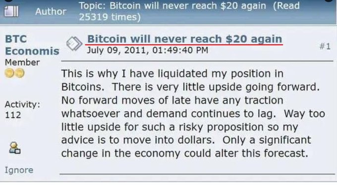 A forum post titled 'Bitcoin will never reach $20 again' dated July 09, 2011, by user 'BTC Economics', advising members to liquidate Bitcoin positions and move into dollars.