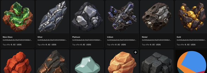 A digital marketplace displays various ore illustrations labeled "Mars Glass," "Silver," "Platinum," "Iridium," "Nickel," and "Gold," each priced at 0.02 US00 with similar contract addresses. The image relates to the "gMars" post as these appear to be Martian-themed collectible tokens or game assets, likely tied to a Mars-related digital economy or metaverse project.