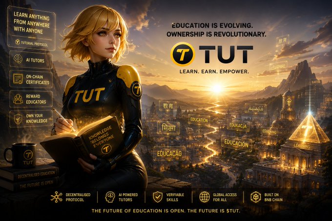 A stylized female figure in a "TUT" branded suit reads a "Knowledge Belongs to Everyone" book against a futuristic cityscape with floating educational icons in multiple languages, accompanied by the tagline "Education is evolving. Ownership is revolutionary. Learn. Earn. Empower."—visually reinforcing the post's vision of decentralized, AI-powered, blockchain-verified education for all.