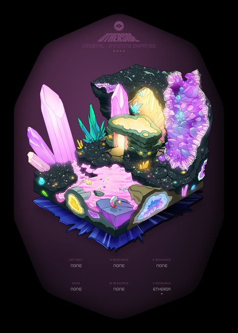 A digital artwork depicting a glowing crystal cave diorama with pink and yellow crystals, titled 'OMEGAL CRYSTAL INSTITUTE EXAPNSE' and showing statistics like 'R-RESOURCE ETHERIA' at the bottom.