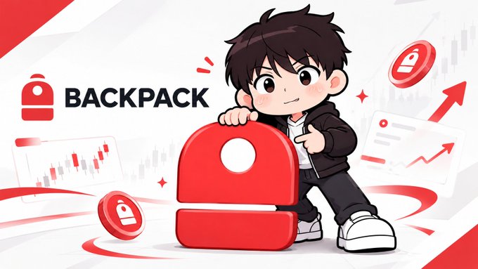 A cartoon character stands next to a large red 'BACKPACK' logo, surrounded by floating coins and stock chart graphics in red and white.