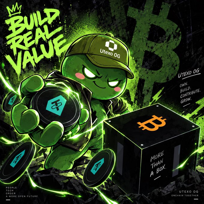 Promotional graphic featuring a green cartoon mascot wearing a 'Utexo OG' cap, holding a token, with text 'BUILD REAL VALUE' and 'UTEXO OG. OWN. BUILD. CONTRIBUTE. GROW.'