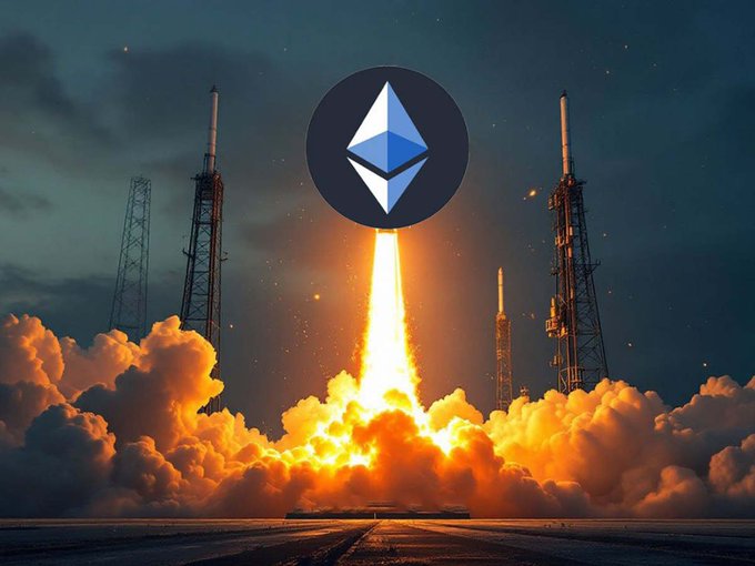 A rocket emblazoned with the Ethereum (ETH) logo blasts off amid fiery exhaust and billowing smoke, symbolizing ETH's surge past the $2,000 milestone. The dramatic launch imagery visually reinforces the bullish momentum of Ethereum breaking above this key psychological resistance level.