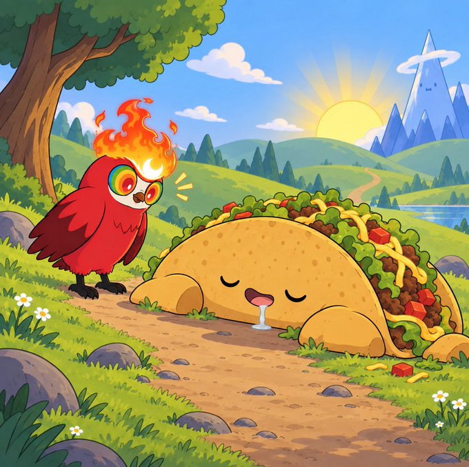 A colorful cartoon illustration of a red bird with a flame on its head standing next to a large sleeping taco character in a sunny grassy landscape with mountains.