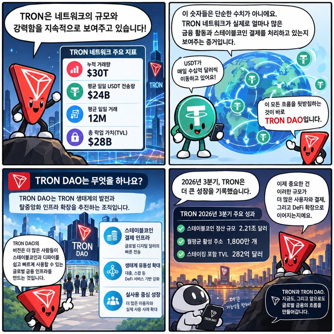 Image 3: A four-panel comic strip in Korean explaining the TRON network and TRON DAO, featuring TRON and USDT mascots, with key statistics like "누적 거래량 $30T" (cumulative transaction volume $30T) and "총 유통 가치(TVL) $28B" (Total Value Locked $28B).