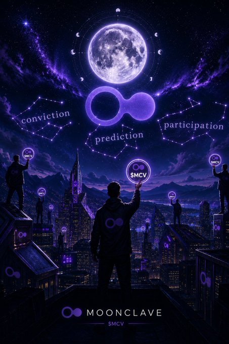 A digital artwork featuring a moonlit cityscape with figures holding up glowing '$MCV' tokens, with constellation labels 'conviction', 'prediction', and 'participation' above the 'MOONCLAVE $MCV' logo.