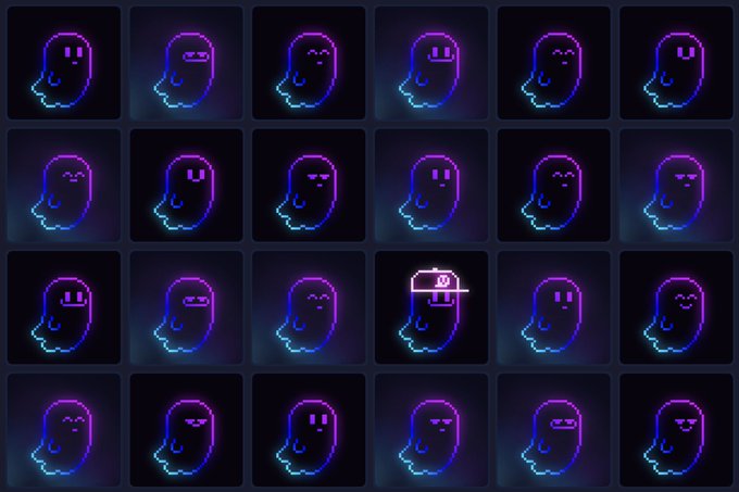 A grid of 24 neon-outlined ghost emoji icons in purple and blue, with most showing sleepy faces and one wearing a cowboy hat.
