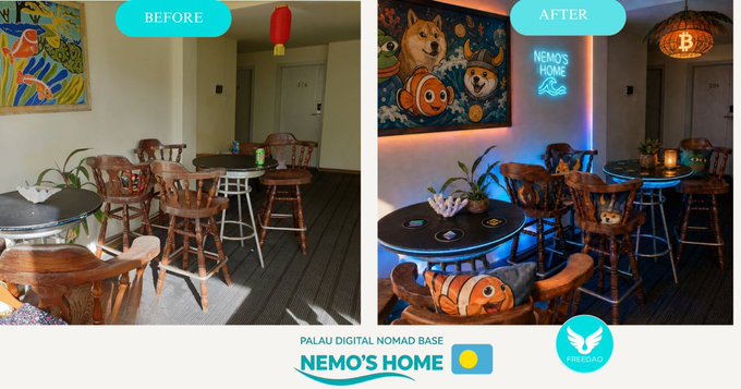 A before-and-after comparison shows the transformation of Nemo's Home Palau Digital Nomad Base, with the "after" image featuring a vibrant Finding Nemo-themed mural, neon "Nemo's Home" sign, Bitcoin logo lamp, and ocean-inspired decor, illustrating the #FREEDAO redesign that converted a plain hotel space into an immersive Web3 digital nomad hub.