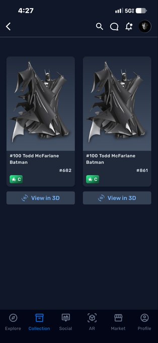 A mobile app screenshot showing a collection of two Batman figurines, labeled '#100 Todd McFarlane Batman' with edition numbers #682 and #861, and a 'View in 3D' button.