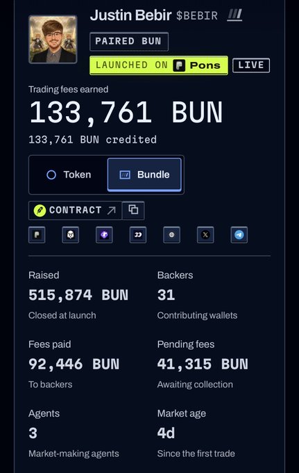 A digital dashboard showing a profile for "Justin Bebir $BEBIR" with a "Launched on Pons Live" indicator, displaying trading fees earned of 133,761 BUN, 515,874 BUN raised, 31 backers, and other market statistics.