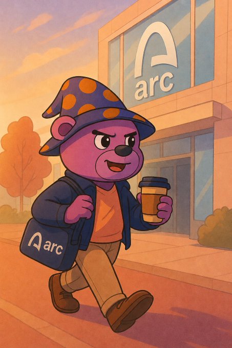 The image features a cartoon character dressed as a teddy bear walking down a street while holding a coffee cup. The character has a purple hat with orange polka dots, and there's an arc logo visible on the building behind them. The caption of the image reads "New week, new energy I can’t deny it, the energy coming from the @arc community is hard to ignore. You don’t need to be a developer to get involved. There are plenty of ways to contribute, from exploring dApps in the ecosystem to providing feedback and supporting builders."