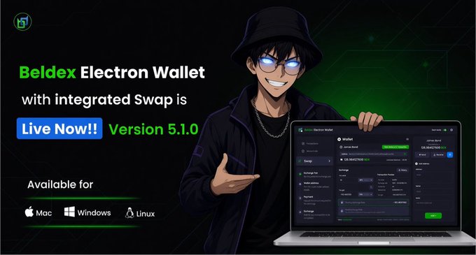 A promotional graphic for the Beldex Electron Wallet Version 5.1.0 with integrated Swap, available for Mac, Windows, and Linux, featuring an anime-style character presenting a laptop.