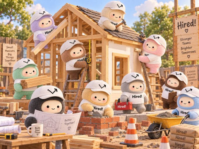 Whimsical illustration of cute mascot characters wearing 'Hired!' shirts and caps constructing a wooden house, surrounded by signs reading 'Small Mascots Big Things Together,' 'Hired! Stronger Teams Brighter Tomorrows,' and 'A Kinder Brighter Safer Tomorrow.'