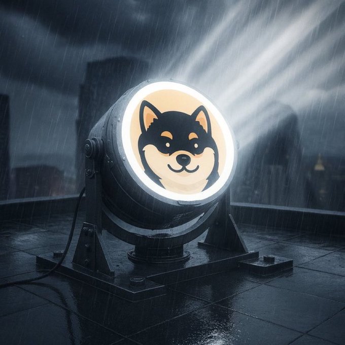 A large industrial spotlight illuminates a Shiba Inu (doge) face logo in the rain, set against a dark, cloudy city skyline at night.