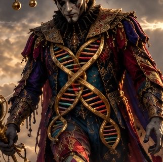 A digital artwork depicting a jester-like figure in an elaborate red, blue, and gold costume featuring a prominent DNA double helix design on the torso.