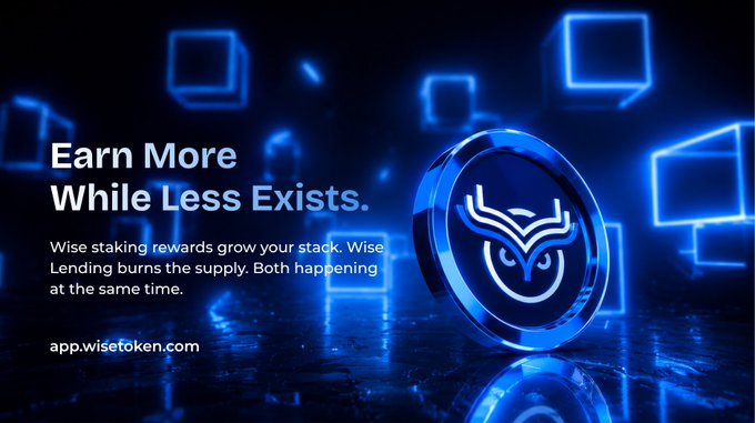 An advertisement for Wise Token reading "Earn More While Less Exists" featuring a glowing blue coin logo with an owl design.