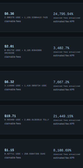 A dark-themed dashboard showing claimable fees and observed fees annualized estimated fee APR for various crypto tokens including FAZE, ARCANINE, USDC, TOLLY, and DUKE.