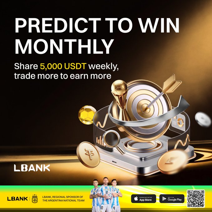 This image promotes LBank's "Predict to Win Monthly" campaign, offering a chance to share 5,000 USDT weekly, aligning with the accompanying post's details about rewards and activity. It visually represents the concept of prediction and winning with elements like a target, trophy, and cryptocurrency coins.