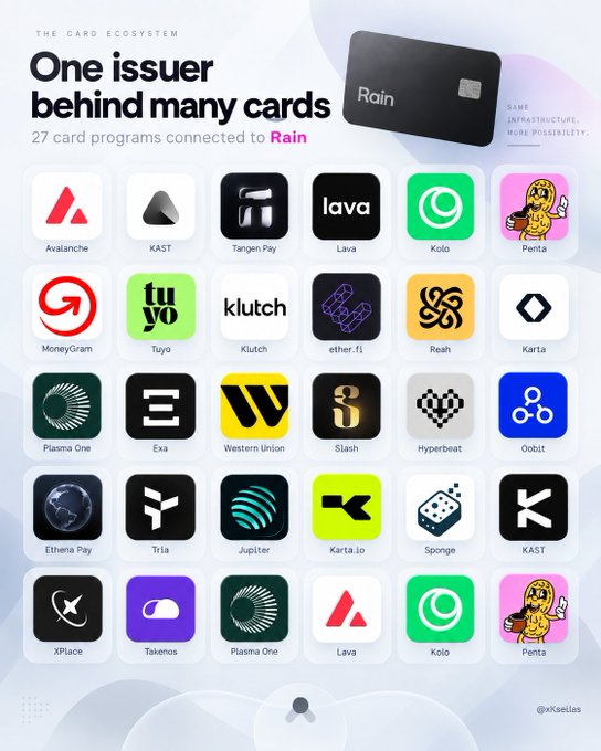 The image, titled "One issuer behind many cards," showcases a grid of 27 card programs connected to Rain as the issuer, including brands like Avalanche, KAST, Tanger Pay, Lava, Penta, MoneyGram, Tuyo, Klutch, ether.fi, Reah, Karta, Plasma One, Exa, Western Union, Slash, Hyperbeat, Orbit, Ethena Pay, Tria, Jupiter, Karta.io, Sponge, XPlace, and Takenos—illustrating Rain's role as the unified card infrastructure enabling real-time wallet-to-card funding for multiple crypto-linked card programs.