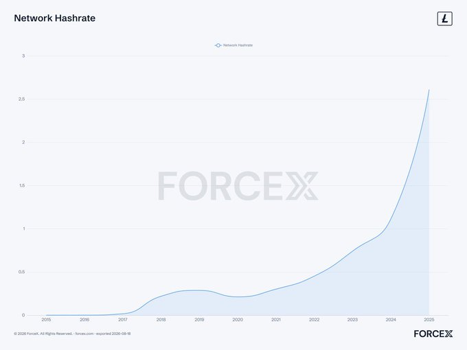 A line chart titled 'Network Hashrate' showing a dramatic upward trend from 2015 to 2025, published by ForceX with a watermark across the center.
