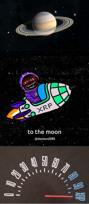 A three-panel meme showing Saturn, a cartoon rocket labeled "XRP" with a pilot blasting "to the moon" (credit: @daoland589), and a speedometer racing into "XRP" territory—all symbolizing XRP's anticipated rocket-like price surge toward financial freedom, aligning with the post's hopeful vision of someday cruising carefree under Swiss mountains once XRP achieves the economic liberation it promises.