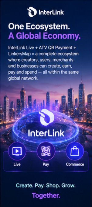 A promotional graphic for InterLink advertises "One Ecosystem. A Global Economy." with features for Live, Pay, and Commerce.