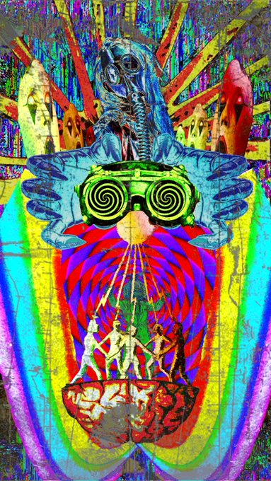 A vibrant, psychedelic digital artwork featuring a surreal central figure with hypnotic spiral glasses, a gas mask, and colorful wings above dancing silhouettes on a globe, set against a rainbow background.