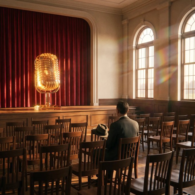 A solitary man sits in an empty auditorium before a stage dominated by a giant, gilded mic against a red curtain, bathed in rainbow light streaming through tall arched windows. The scene evokes the dawn of a new performance or "show"—a fitting metaphor for the emerging narrative arc around @vectisfamily's novel pairing of memecoins with Arcus' leveraged pTokens, hinting that something big is about to take the stage in DeFi.