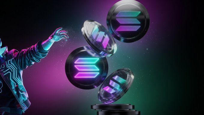 A vibrant digital illustration features a person reaching toward glowing Solana cryptocurrency coins floating against a purple and teal cosmic background.